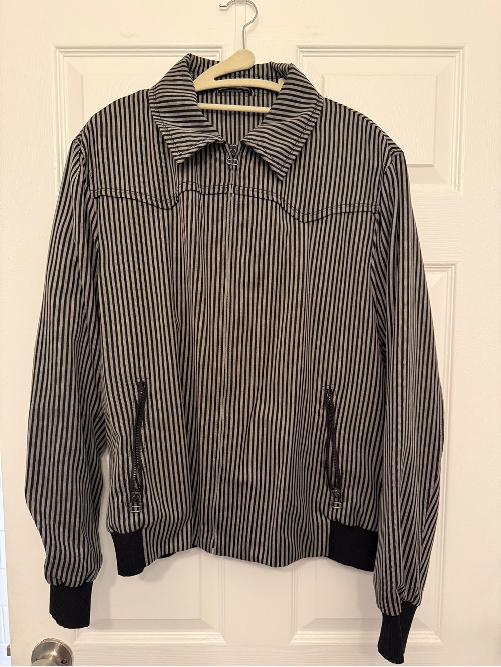 Lanvin Black and Cream Vertical Stripe Bomber Jacket
